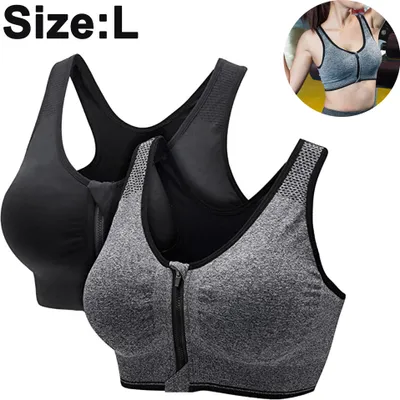 Produktbild von 2 Stück Sport-BH für Damen, mit Reißverschluss vorne, drahtlos, nach Operationen, BH Active Yoga Sport-BHs ,L