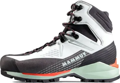 Kento Guide II High GTX Bergstiefel von Mammut; in Schwarz und Weiß mit orangefarbenen Akzenten.