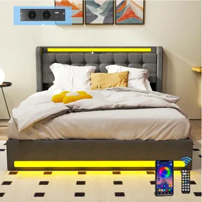 Produktbild von OYAJIA Polsterbett 140x200cm mit Ladefunktion (USB & Type-C), Doppelbett Jugendbett mit Led, Stauraumbett mit Stauraum, Leinen, Grau