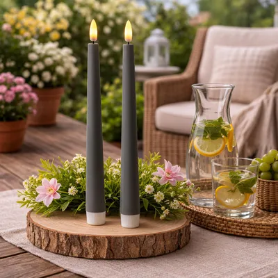 Produktbild von LED Stabkerzen - LED Tafelkerzen aus Kunststoff - H: 25,5cm - Timer - für Innen/Außen - grau