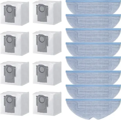 A set of robot vacuum cleaner accessories, including dust bags and mop cloths, arranged neatly on a white background.