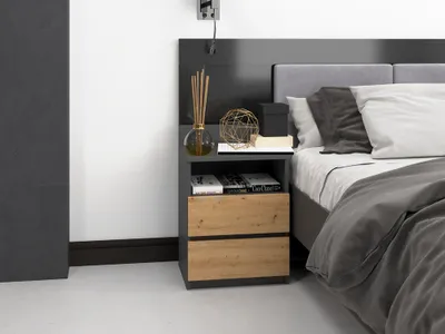 Produktbild von VBChome Nachttisch 40 x 32 x 59 cm Eiche Artisan - Antrazit Nachttisch mit 2 Schubladen und 1 Fächer für das Schlafzimmer Grifflose Büro Zimmer Modern Eiche Artisan - Antrazit