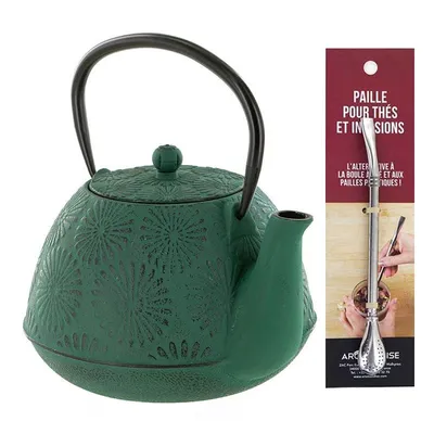 Produktbild von Smaragdgrüne Hanami-Gusseisen-Teekanne 1,2 L + Edelstahlstrohhalm mit Filter