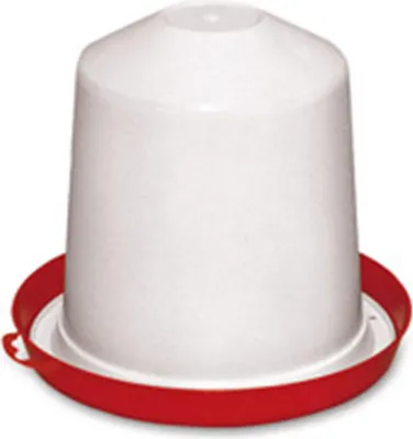 A white poultry drinker with a red base, isolated on a white background.