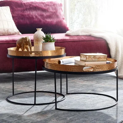 Produktbild von FineBuy Couchtisch 2er Set Metall Gold Hammerschlag Satztisch Rund Sofatisch abnehmbares Tablett Tabletttisch Sofa 2 teilig Runder Beistelltisch