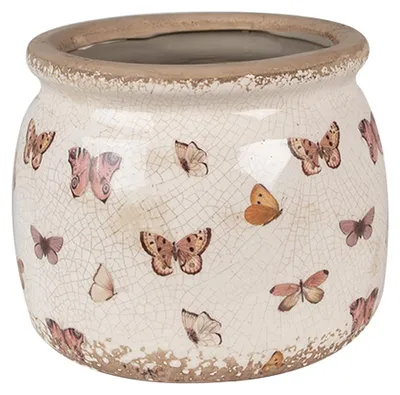 Obrázek produktu pro Clayre & Eef Květináč Ø 16x13 cm Béžový růžový keramický květináč Motýli