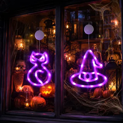 Produktbild von Halloween Deko Fensterlichter 2er Pack mit Katze Hexenhut LED Hängende Lichterkette Batteriebetrieben Lila Dauerlicht Party Deko Lichter
