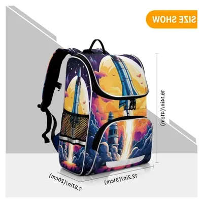 Produktbild von Büchertasche mit Weltraum-Cartoon-Rakete, Rucksack für Schüler, große Tasche für Kinder