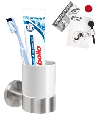 Immagine prodotto di bremermann serie PIAZZA - Portabicchieri, portaspazzolino con set di adesivi e supporto a parete, in Vetroceramica bianca e acciaio inox opaco
