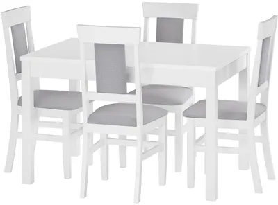 Produktbild von Weißer Esstisch 75 x 120 mit vier Polsterstühlen in weiß-grau Massivholz Kiefer 90.70-51AW-Set25
