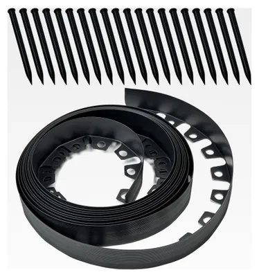 Produktbild von Rollrasenkante 10 m aus Kunststoff, flexible Beeteinfassung Höhe 6 cm mit 20 Befestigungsnägeln, Rasenbegrenzung für Beetumrandungen und Gartenwege