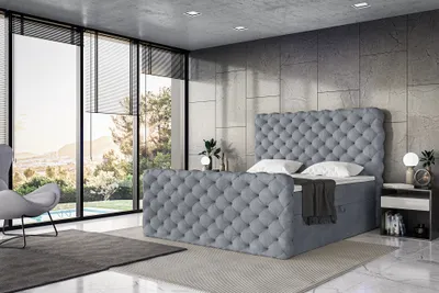 Produktbild von MEBLINI Boxspringbett mit Bettkasten - Gepolstert Doppelbett mit Matratze und Topper - Polsterbett mit Stauraum - Bett mit Kopfteil - Stauraumbett - DUKE - 180x200 - H3/Grau Samt