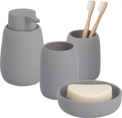 Produktbild von 4-teiliges Badezimmer-Set Keramik grau, Badzubehör-Set besteht aus: Seifenspender, 2x Zahnputzbecher, Seifenschale, moderne Badausstattung von Zeller