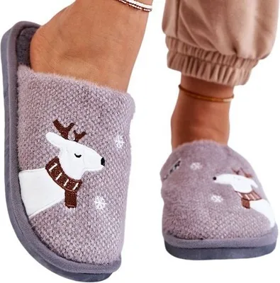 Produktbild von Damen Pantoffeln mit Rentier Hausschuhe Leicht Latschen YF-40 Grau Gr.37