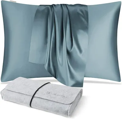 Zdjęcie produktu dla Poszewka na poduszkę 50x70 cm, 22 momme, niebiesko-szara, do włosów i skóry