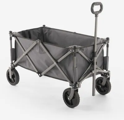 A gray foldable garden wagon with four wheels and a handle is shown against a white background.