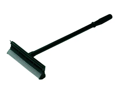 A black window squeegee with a sponge attachment is shown against a white background.
