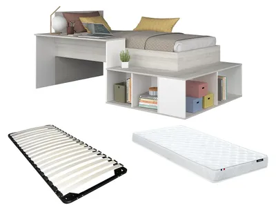 Produktbild von Etagenbett 90 x 200 cm mit Kommode und Schreibtisch - Natur und weiß + Rahmen + Matratze - RIGALI
