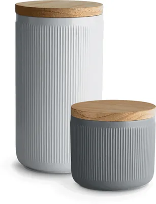 Produktbild von SPRINGLANE Keramik Vorratsdosen 2-tlg. Set mit Holzdeckel Stripes, Kautschukholz-Deckel, Aufbewahrungsdosen, Frischhaltedosen