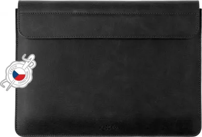 A black leather laptop sleeve with a "Czech Hand Made" badge on the left side.