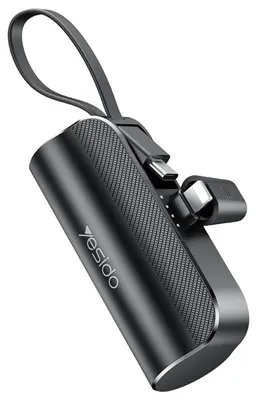 Image de Batterie externe Yesido Ultra Mini 5000 mAh avec câble USB-C et connecteur Lightning - Noire