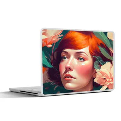 Produktbild von MuchoWow® Laptop Aufkleber Sticker Cover Porträt - Frau - Blumen - Rosa - Botanisch 31x22.5 cm - Laptop-Deko