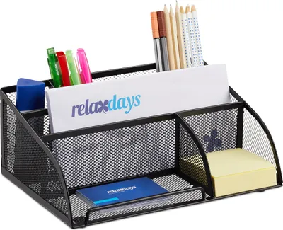 Produktbild von Relaxdays Schreibtischorganizer 5 Ablagen, kleiner Büroorganizer, Metallgeflecht, Stifteköcher, Briefablage, schwarz