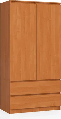 A full-shot of a wooden wardrobe with two doors and three drawers.