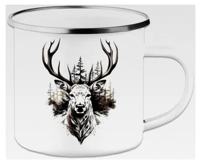 Produktbild von Camping Emaille Becher mit Hirschmotiv – Vintage Metalltasse im Naturdesign, robuster Kaffeebecher für Outdoor und Abenteuer