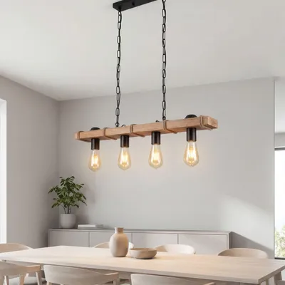 Produktbild von Hängelampe Metall H: max. 85 cm geflammtes Holz Schwarz E27 4-flammig länglich Rustikal Hängeleuchte