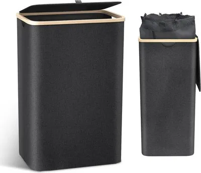 Produktbild von Famanu Wäschekorb mit Deckel, groß, 100 L, schmal mit abnehmbarer Wäschetasche, schwarz