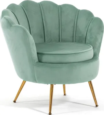 A mint green velvet armchair with gold legs, presented against a white background.