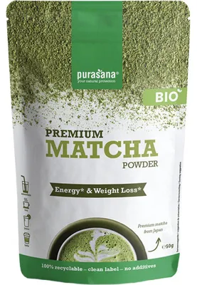Obrázek produktu pro Purasana Matcha Premium Powder 50 g – prášek ze zeleného čaje Matcha, bohatý na antioxidanty a kofein