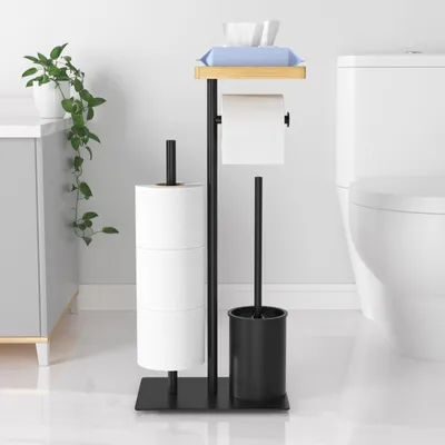 Image de Porte-rouleau de papier toilette autoportant avec brosse WC - Acier inoxydable, finition noir mat