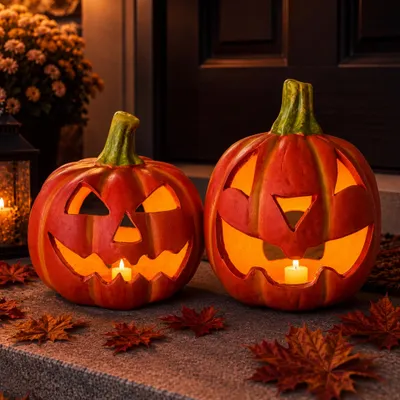 Produktbild von Kürbis-Laternen als LED Halloween-Deko Windlichter 2er Set