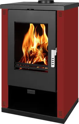 Produktbild von Holzofen Verso Theia – 9 kW | Bordeauxfarbene Seitenpaneele und modernes Design