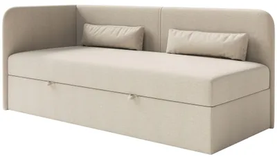 Image de Selsey Calmmo - Lit d'adolescent 90x200 avec coffre de lit, housse chenille, tête de lit à gauche, beige clair