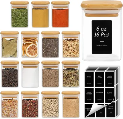 Produktbild von Quadratische Gewürzdosen, 12 x 120 ml, Glasgewürzdosen mit Bambusdeckel, luftdichte Gewürzbehälter mit 54 Etiketten, für Gewürze, Kräuter, Gewürzregal, Schublade und
