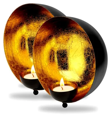 Produktbild von Wand Teelichthalter 2er Set, Ø 15 cm, Wandteelichthalter schwarz Gold Metall, Wanddeko für Wohnzimmer, rustikale Deko für Teelichter und Wanddekoration, Wohnaccessoire und Geschenkidee für neues Zuhause