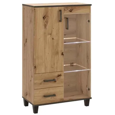 Produktbild von Highboard Vitrine P1 mit LED-Beleuchtung, 2 Türen & 2 Schubladen, Glastür, Eiche Artisan, Loft Stil