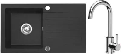 Produktbild von VBChome Granitspüle 76 x 44 cm Schwarz mit Armatur Einzelbecken Einbauspüle Reversibel Gesprenkelt Pflegeleichtes Spülbecken mit Siphon
