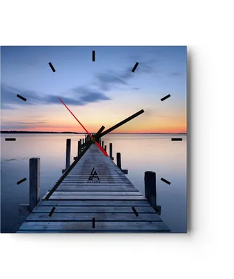 Produktbild von Wanduhr - Quadrat - Glasuhr - Sonnenuntergang See Wasser Brücke - 30x30cm - Schleichendes Uhrwerk - Lautlos - zum Aufhängen bereit - Dekoration Modern - Wanddekoration aus Glas - C3AC30x30-2508