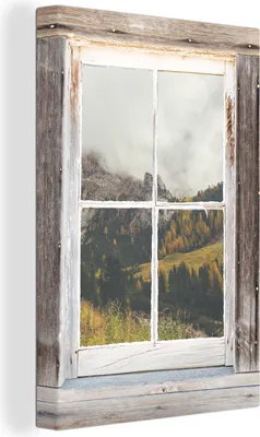Produktbild von OneMillionCanvasses® - Leinwandbilder - 90x140 cm, Aussicht - Berg - Herbst, - Geöffnetes Fenster - Fensterblick Schlafzimmer Kunstdruck Wanddekoration - Foto auf Leinwand - Gemälde auf Holzrahmen  - Wandschmucke - Schlafzimmer