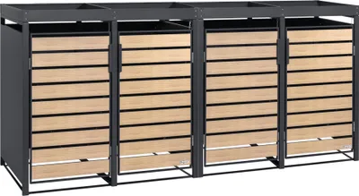A row of four modern trash bin enclosures with wooden-look doors and a flat top.