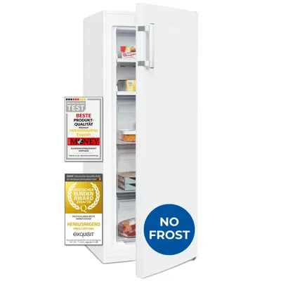 A white upright freezer with its door slightly ajar, revealing shelves and food items inside. Several award badges are attached to the left side of the freezer.