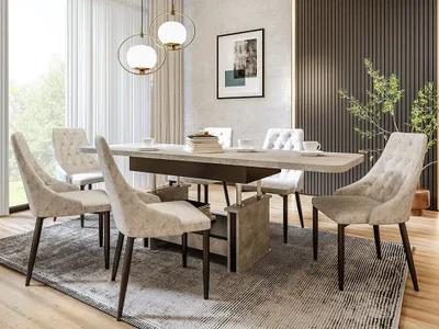 A dining room setting with a table and chairs.