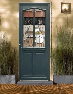 Immagine prodotto di Porta d'ingresso in legno con vetro Sabrina grigio antracite, H.215xL.90 cm, lato tavolo, a destra, maniglia, cilindro grande, ferramenta