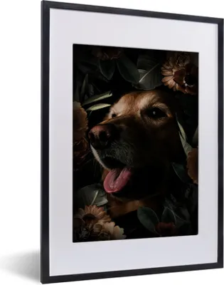 Produktbild von MuchoWow® MuchoWow® Gerahmtes Poster Hund - Blumen - Pflanzen 30x40 cm - Poster mit zchwarzem Bilderrahmen - Wandposter Schlafzimmer