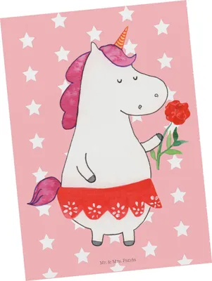 Produktbild von Mr. & Mrs. Panda Postkarte Einhorn Dame - Rot Pastell - Geschenk, bildkarte, Unicorn, Ansichtskarten, Frau, Bachelor, Einhörner, Postkarten, kunstkarte, Freundin