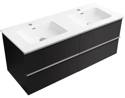Zdjęcie produktu dla CERANO – Szafka łazienkowa Velora – czarna matowa, uchwyt chromowany + ceramiczna umywalka Novo – biała błyszcząca – 121 x 54,5 x 46,5 cm